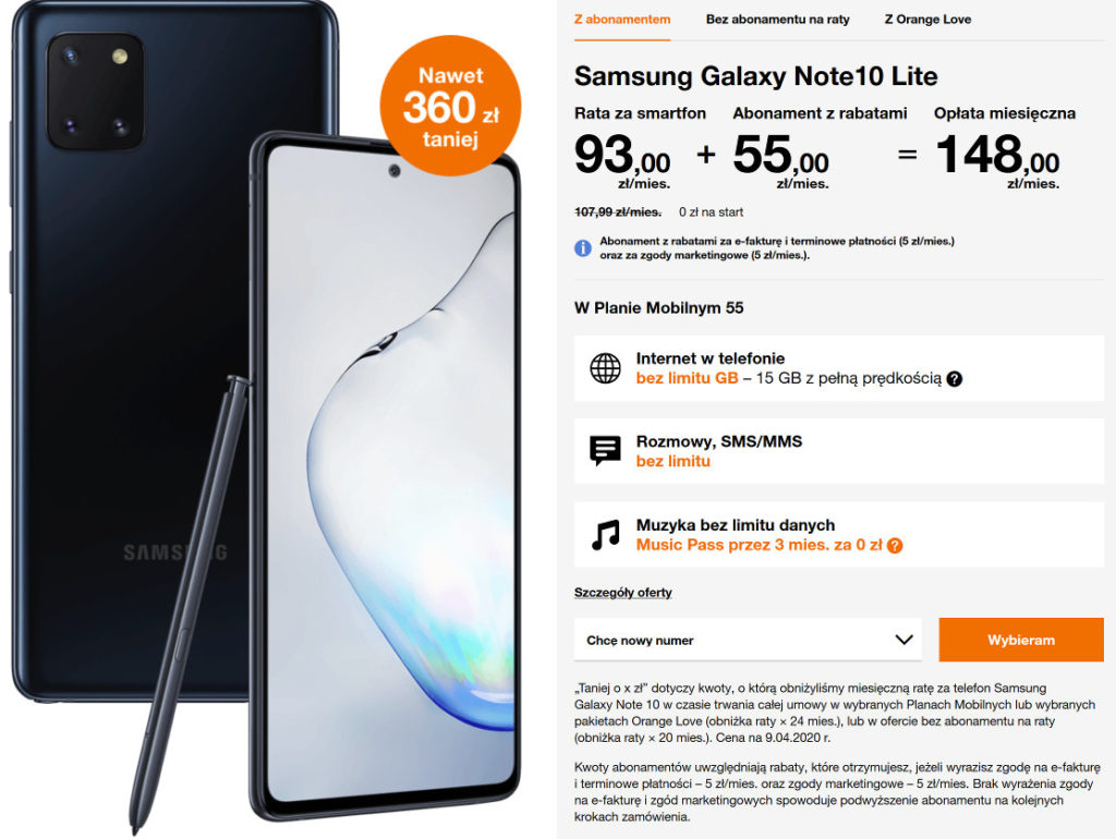 oferta tygodnia w orange galaxy note 10 lite plan mobilny 55 opłata 148 zł miesięcznie promocja